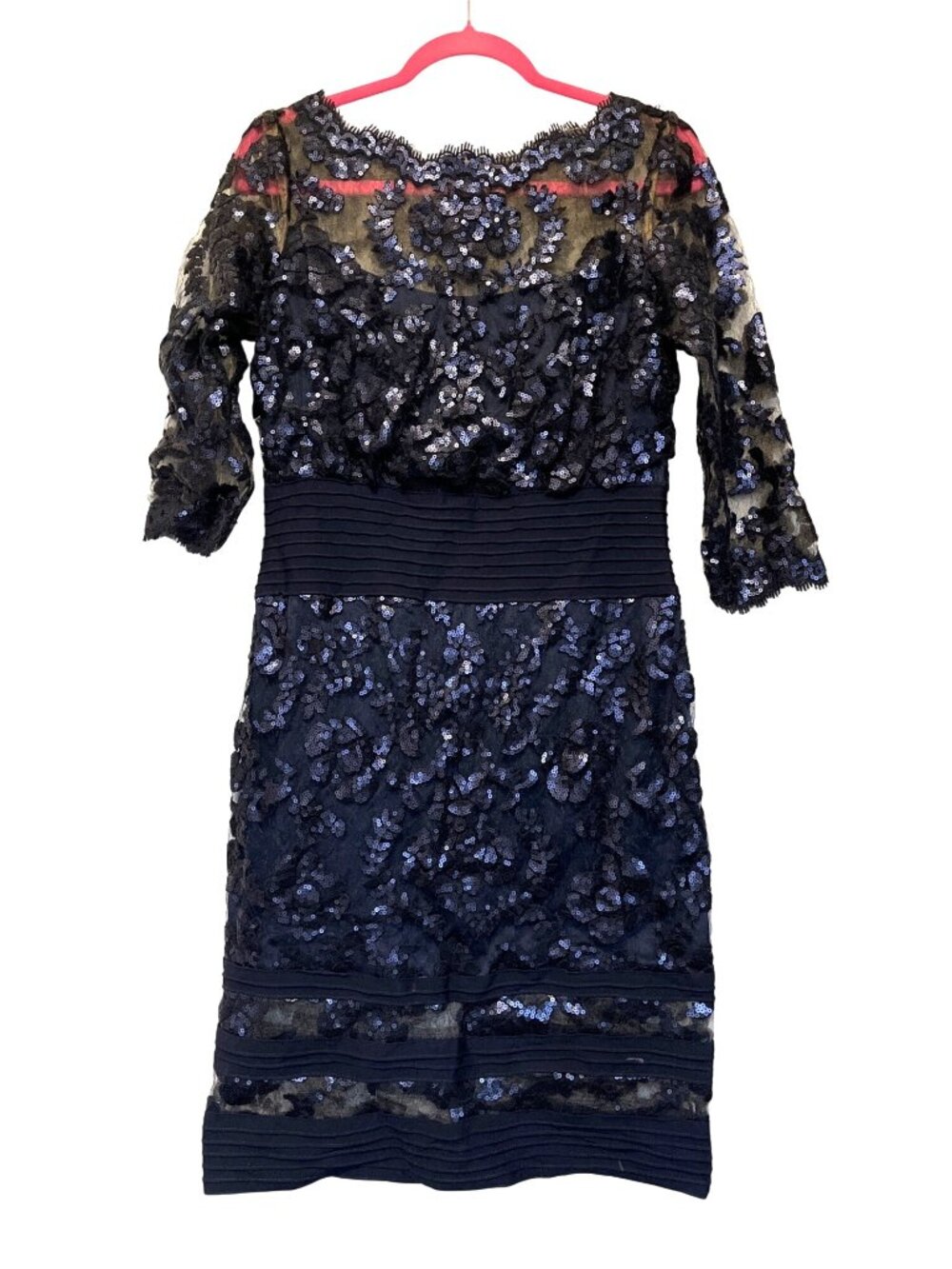 Tadashi Shoji Navy Blue Sequin Lace Dress Sheer Sleeves & Defined Waist Size 10